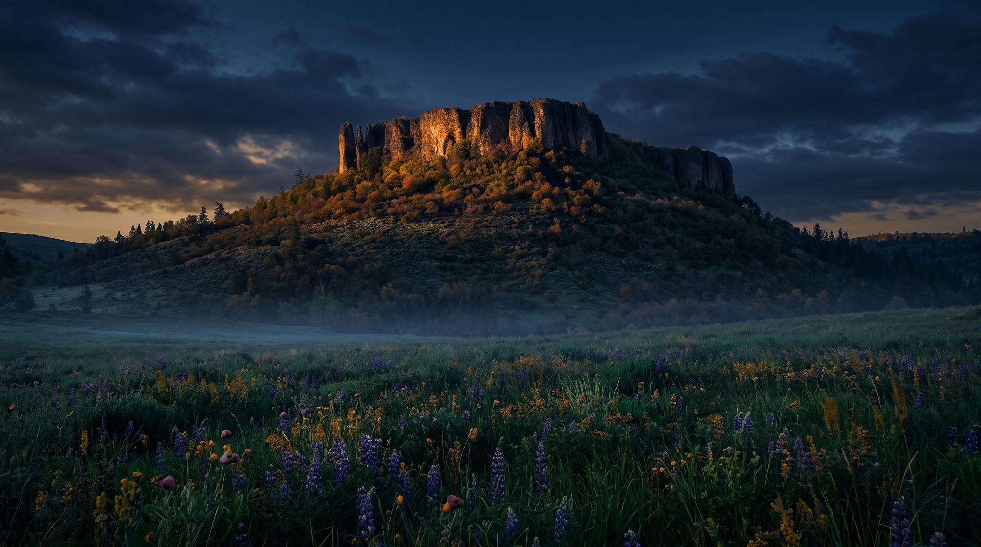 Table Rock butte glowing at blue hour above a misty wildflower meadow in the Rogue Valley, Oregon