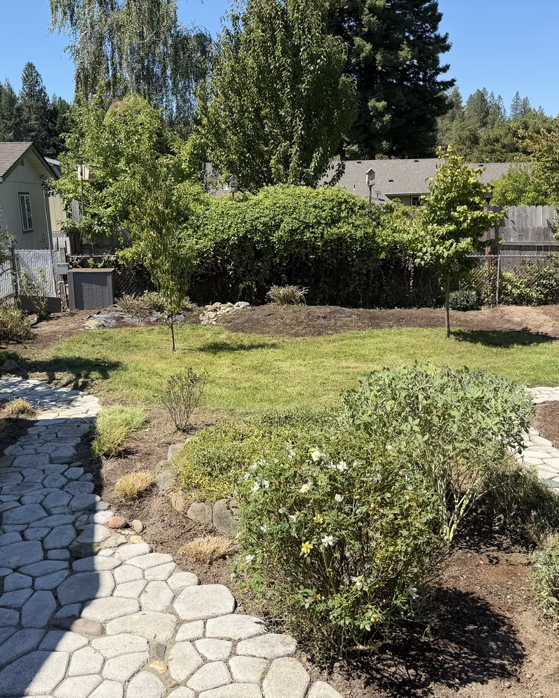 Backyard with fresh dark mulch in the planting beds, paver stone pathways, roses and young trees after a Hilltop cleanup in Southern Oregon