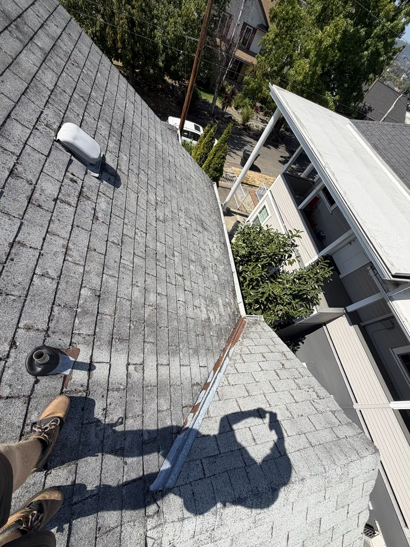 The same roof plane stripped clean of moss and lichen after a Hilltop Landscaping roof cleaning in Southern Oregon